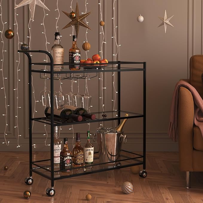 Black Bar Cart, Home Bar Serving Cart with Handle, Wine Cart with 3-Tier Glass Shelves, Beverage Cart with Wine Rack and Glass Holder, Bar Carts for The Home, Dining Room, Living Room