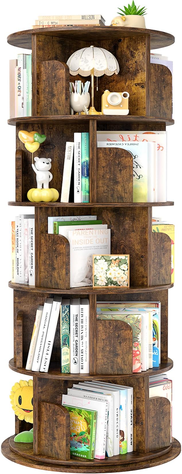 Aheaplus Rotating Bookshelf, 360 Display Wood Spinning Bookshelf Tower, 5 Tier Floor Standing Bookcase Storage Rack, Revolving Bookcase Corner Bookshelfs for Small Space, Study, Bed Room, Rustic Brown