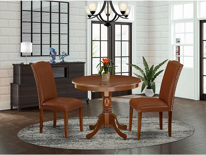 East West Furniture ANEN3-MAH-66 3 Piece Dining Room Furniture Set Contains a Round Dining Table with Pedestal and 2 Brown Faux Faux Leather Upholstered Chairs, 36x36 Inch, Mahogany