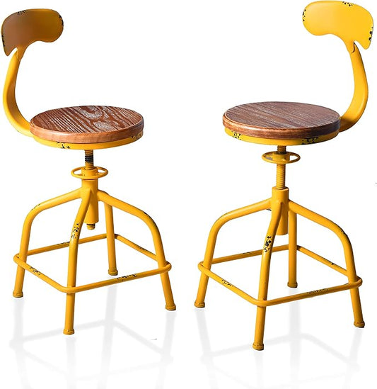 Topower Farmhouse Kitchen Stool, Industrial Counter Stool, Kitchen Deco Round Seat Standard Height Adjustable Swivel Bar Stools with Backrest Indoor House Design Iron Backrest Antique Yellow Set of 2