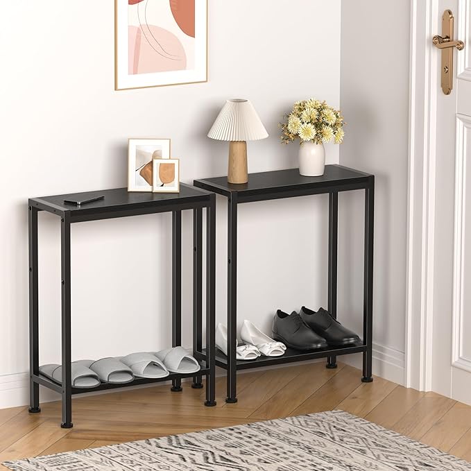 Narrow Side Table for Small Space, 2-Tier Small End Table with Shelf Holder in Living Room, Bedroom, Study, Kitchen and Balcony (Black)