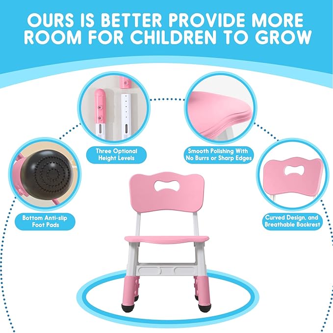 Kids Height Adjustable Toddler Chair Max Load 220LBS Plastic Indoor Outdoor for Children Age 1-6 School Home Daycare Use Pink