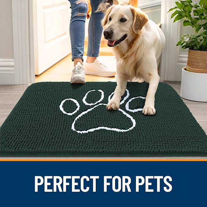 OLANLY Door Mat for Muddy Dog Paws 40x32, Absorbent Chenille Mud Doormat with Paw Print Design, Non-Slip Washable Doormat for Indoor Entryway, Quick-Dry Pet Bed Mats for Dirty Dogs, Blackish Green