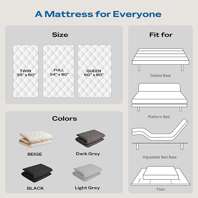 Japanese Floor Mattress, Roll Up Tatami Mat, Sleeping Pad, Shikibuton, CertiPUR-US Certified Foam Floor Bed Futon Mattress for Sleeping, Dormitory, Guest Bed, Designed in Japan(Twin)