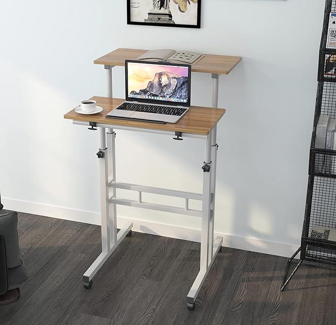 soges 23.6inches Height Adjustable Desk Laptop Desk on The Wheels, Rolling Stand Up Desk Computer Desk Adjustable Standing Desk Sit and Stand Desk Portable Laptop Table, Oak