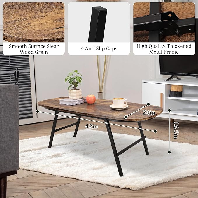 Foldable Coffee Table Natural Wood Oval Coffee Tables No Assembly Portable Floor Table Desk for Sitting on The Floor Low Coffee Table for Small Spaces Living Room Outdoor Use