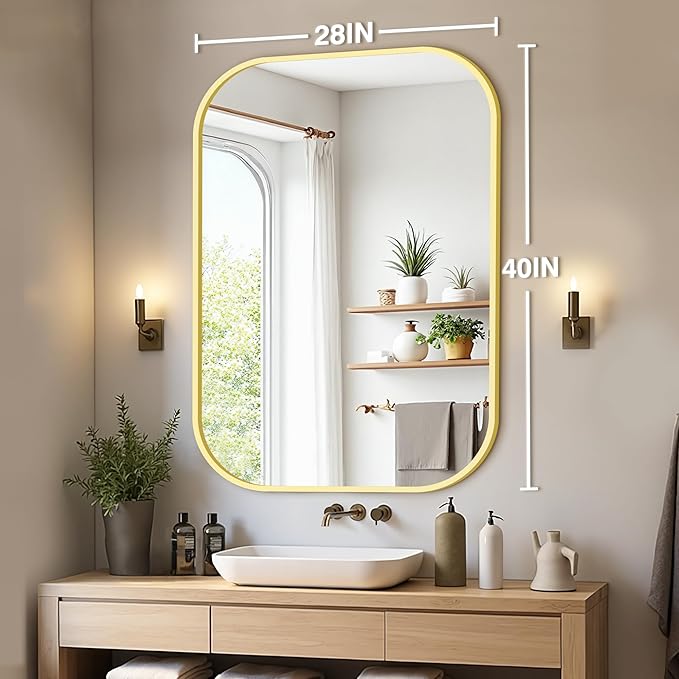 Bathroom Mirrors for Over Sink, 28x40 Gold Vanity Mirror for Bathroom Sink, HD Shatterproof Squircle Wall Mirror for Bathroom Washroom Lavatory Restroom Metal Frame