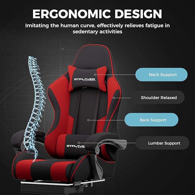 GTPLAYER Gaming Chair, Computer Chair with Footrest and Lumbar Support, Height Adjustable Game Chair with 360°-Swivel Seat and Headrest and for Office or Gaming (RED, Fabric)