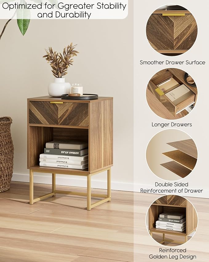 Nightstand, Boho Night Stand Wood Farmhouse Bedside Table with Storage, End Side Table for Bedroom,Living Room,Walnut