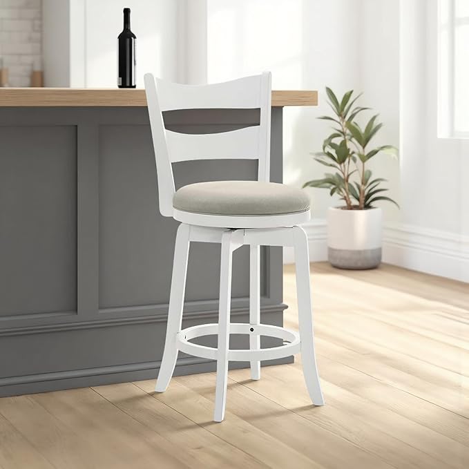 Armen Living Blair 30 in. Matte White Bar Height Rubberwood Swivel Barstool with Fog Fabric Seat - Set of 2
