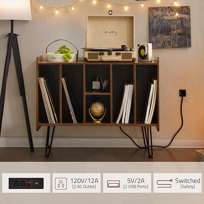 Large Brown Record Player Stand with Vinyl Storage, Power and USB Port, Holds Up to 200 Albums, Turntable Stand with Record Storage Cabinet