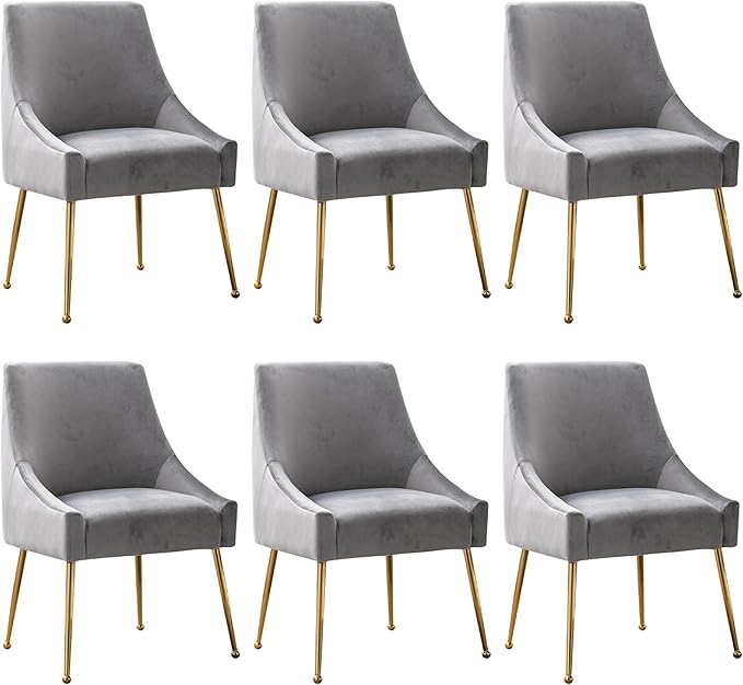 Modern Velvet Dining Chairs Set of 6, Contemporary Upholstered Furniture Collection with Polished Gold Metal Legs, Elegant Accent Chairs for Kitchen Living Room(Grey)