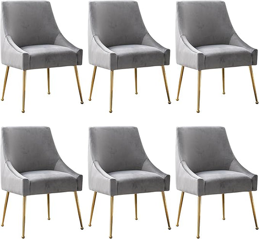 Modern Velvet Dining Chairs Set of 6, Contemporary Upholstered Furniture Collection with Polished Gold Metal Legs, Elegant Accent Chairs for Kitchen Living Room(Grey)