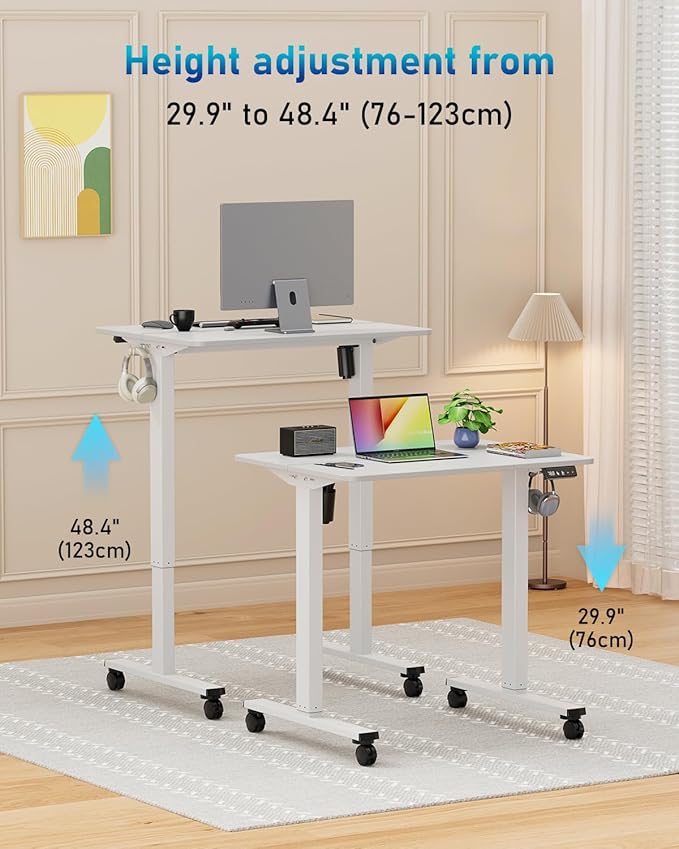 Small Height Adjustable Electric Standing Desk, 31.5" x 23.6" Sit Stand up Desk with Splice Board, Ergonomic Rising Computer Home Office Desk Table with Memory Preset, White Frame/White Top