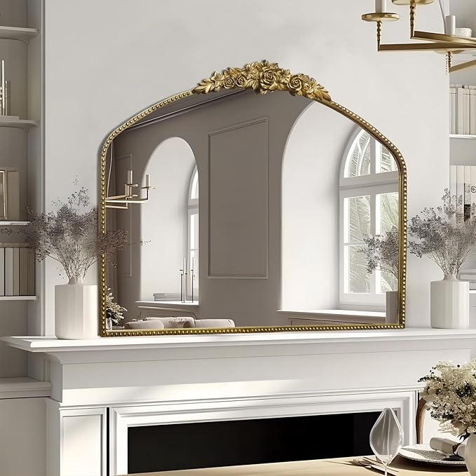 Vintage Gold Arched Mirror 40"X30",Antique Baroque Mantel Mirror with Ornate Metal Frame for Entryway/Fireplace/Living Room/Hallway/Bathroom/Bedroom