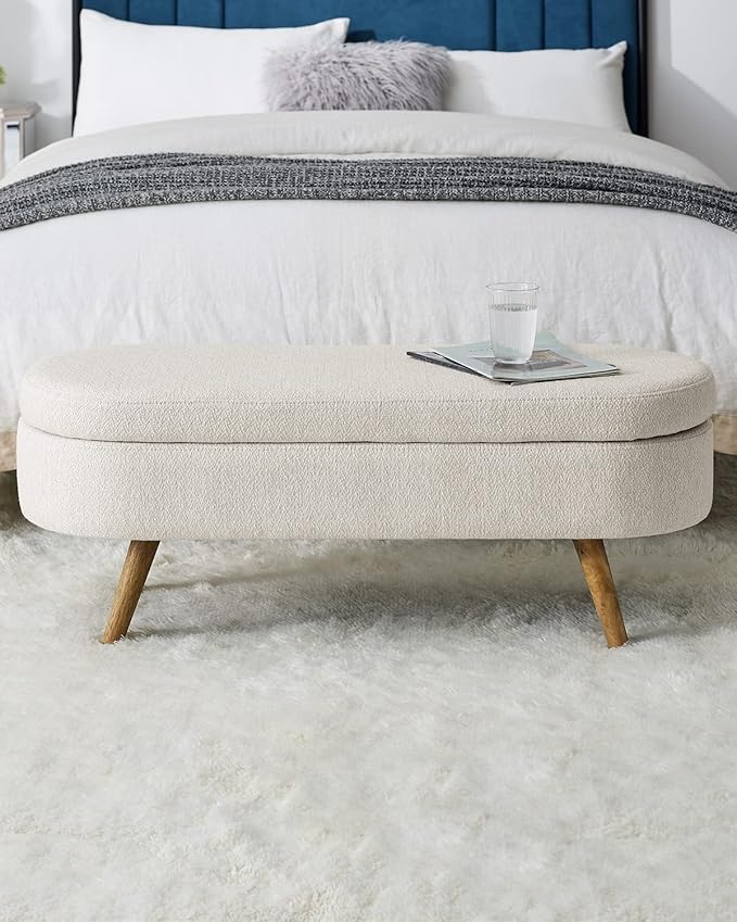 Oval Storage Bench 43.5" Linen Fabric Upholstered Entryway Bench with Solid Wood Legs Ottoman Bench Indoor Bench for Living Room/Bedroom/End of Bed/Entryway (Beige)