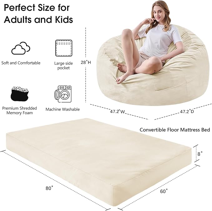 Bean Bag Chairs for Adults - Giant Bean Bag Chair Convertible Bean Bag Bed - Beanbag Chair with Micro Fiber Cover/Furniture Foam Filler - Floor Couch Sofa in Bedroom Dorm Room - Queen Beige