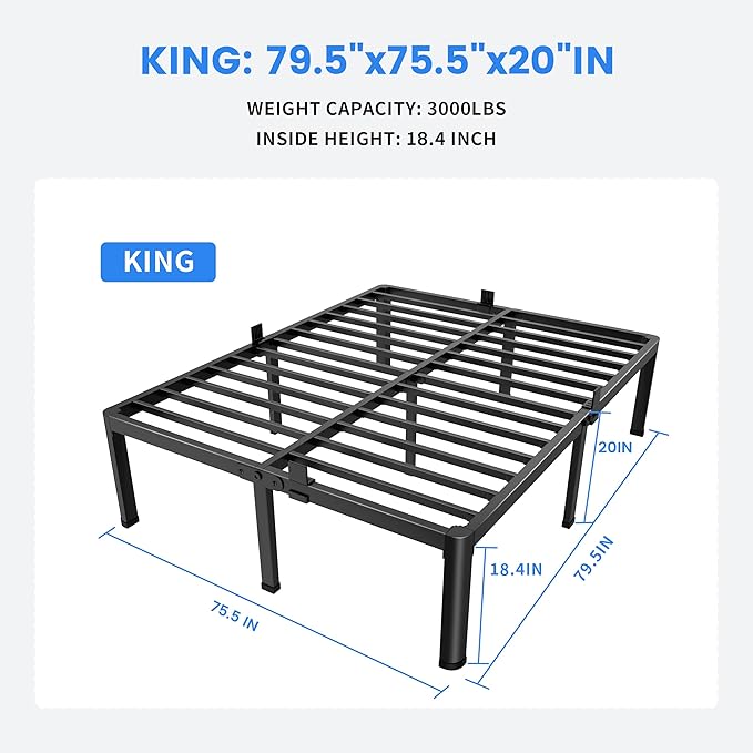 MAF 20 Inch King Size Bed Frame with Round Corner Legs Mattress Slide Stopper No Box Spring Needed Heavy Duty Metal Platform Bed Frames Under-Bed Storage Space, 3000 LBS Steel Slats Support