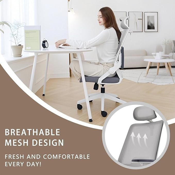 Ergonomic Swivel Task Chair High Back Home Desk Chair Computer Office Chair Mesh Rolling Work Chairs with Headrest and Lumbar Support Grey