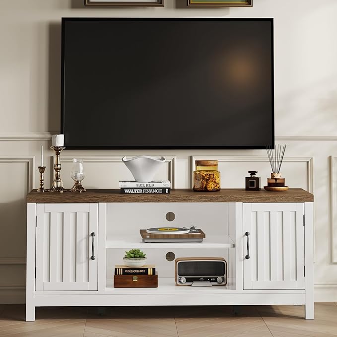 ChooChoo Farmhouse TV Stand, Wood Fluted Door Entertainment Center with Storage Cabinets and Open Shelves, Rustic Media Console up to 55 inches for Living Room, Bedroom, White