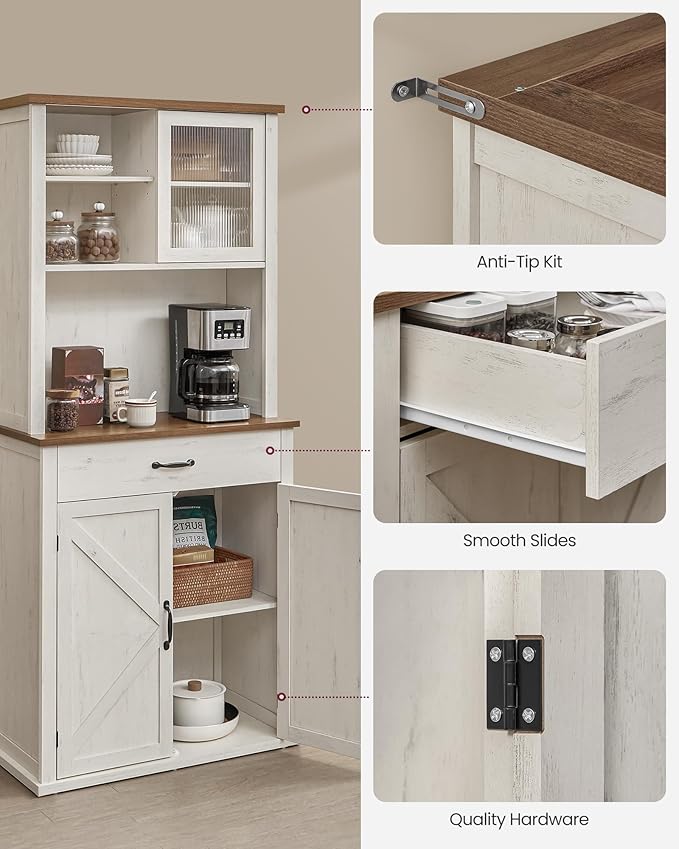 VASAGLE 71" Kitchen Pantry Cabinet with Lights and Charging Station, Coffee Bar Cabinet with Doors and Drawer, Farmhouse Style, Adjustable Shelves, Rustic White UBBK363W12