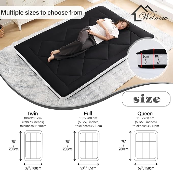 Welnow Japanese Futon Floor Mattress, Thick Queen Size Tatami Mat Portable & Foldable Roll Up Floor Bed Mattress with Storage Bag, Sleeping Pad for Adults, Dorm, Guest Bed, Camping and Travel, Black
