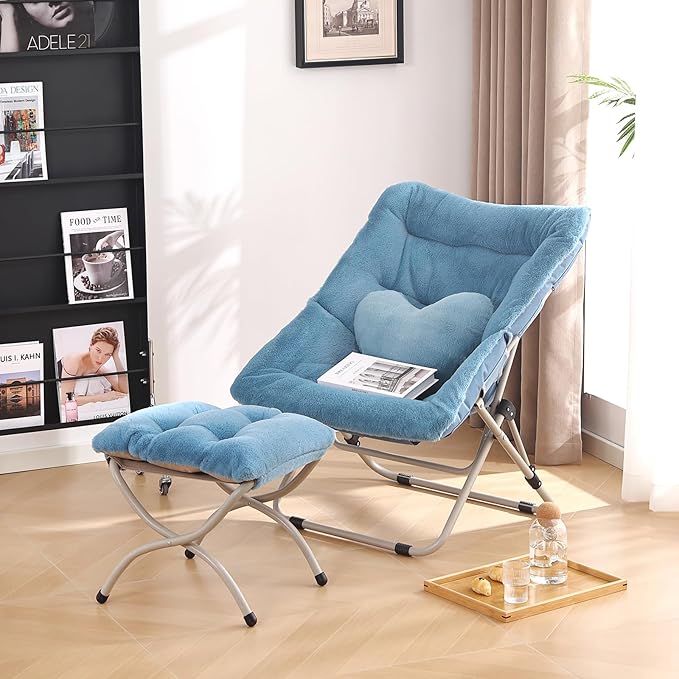 Saucer Chair with Ottoman, Comfy Oversized Folding Chair, Faux-Fur Reading Chair for Teens, Adults, Foldable Accent Lazy Chair, Metal Frame Lounge Chair for Living Room, Bedroom, Blue