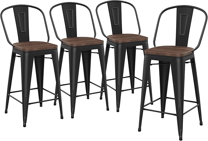 Yongqiang Barstools Set of 4 Counter Height Bar Stools for Kitchen Island Farmhouse Metal High Back Bar Chairs Wooden Seat 24" Matte Black
