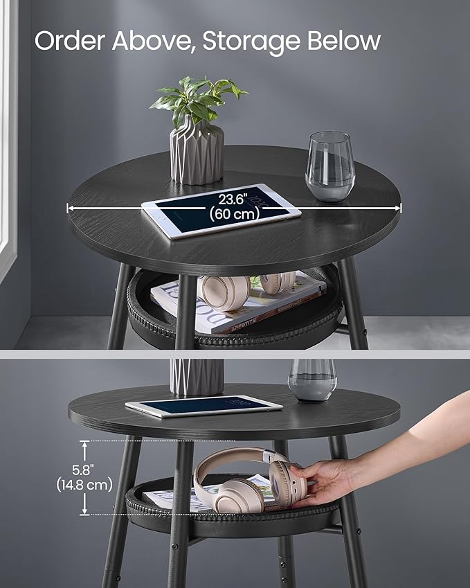 VASAGLE EKHO Collection - Bar Table with Storage, Round High Pub Table, Synthetic Leather with Stitching, Mid-Century Modern, Kitchen Home Bar, Living Room, Easy Assembly, Ebony Black and Ink Black