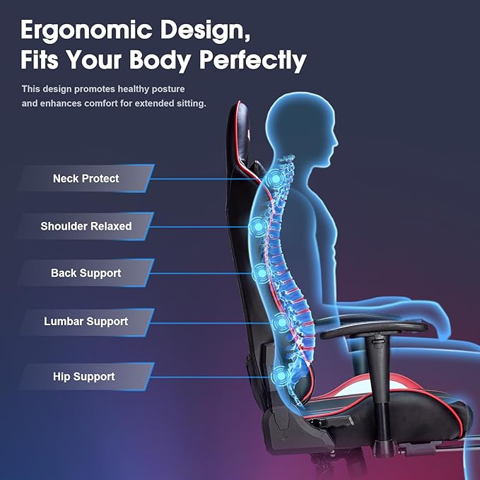 Massage Gaming Chair 7-Point, Office Chair with Footrest and Lumbar Support, Adjustable Seat Height Ergonomic, 175° Reclining Max, Red