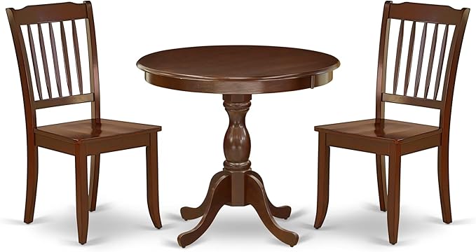 East West Furniture AMDA3-MAH-W 3 Piece Dining Table Set for Small Spaces Contains a Round Kitchen Table with Pedestal and 2 Dining Chairs, 36x36 Inch, Mahogany