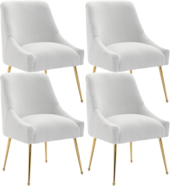 Dining Chairs Medieval Modern Restaurant Chairs, Soft Cushions, Teddy Velvet, Polished Gold Metal Legs, Kitchen Chairs, Living Room White 4-Piece Set