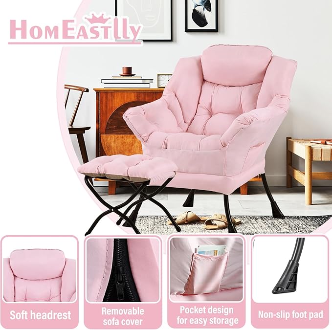 Lazy Chair with Ottoman, Large Modern Lounge Accent Chair with Armrests and Footrest, Reading Armchair with Ottoman, Leisure Sofa Chair for Living Room, Bedroom, Dorm Room, Office (Pink)