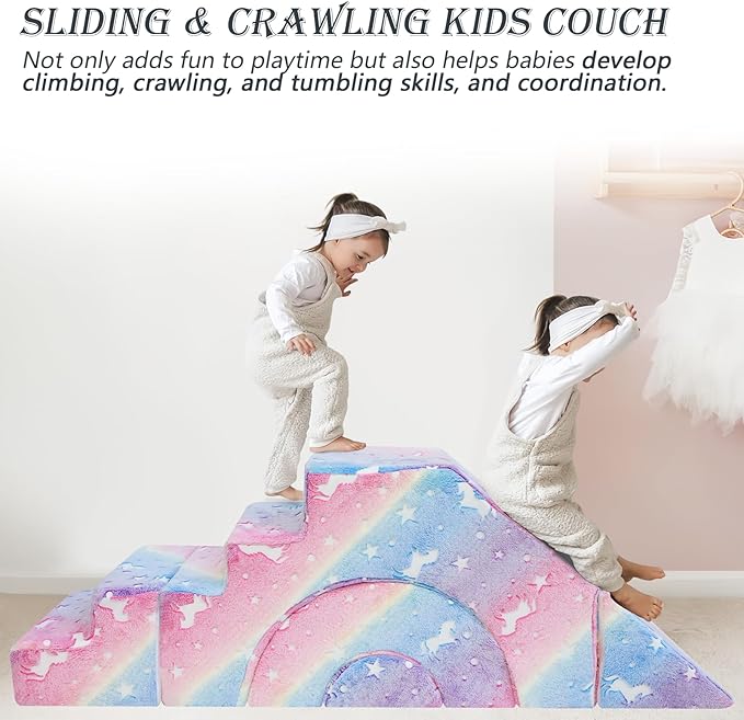 MeMoreCool Foam Climbing Toddler Couch, Modular Kids Sofa with Slide & Stair, Convertible Baby Couch for Playroom, Sectional Furniture for Crawling, Climbing, and Kids’ Play