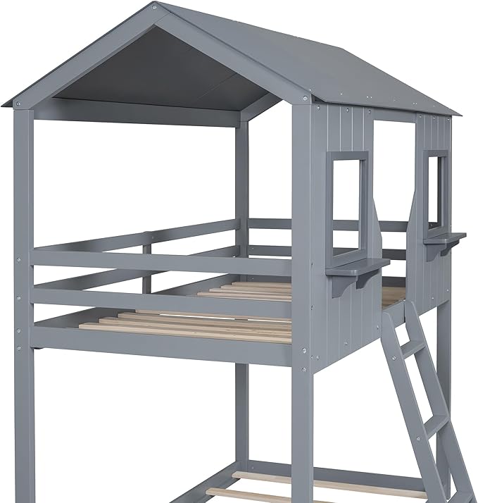 Ball & Cast Twin Over Twin Size Playhouse Bunk Bed with Roof and Window,Wood Bunkbed w/Full-Length Guard Rail & Ladder,Slat Support,Space Saving,Bedroom Furniture for Student Dorms,Gray