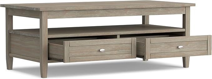 SIMPLIHOME Warm Shaker Coffee Table - 48 inch Wide Solid Wood Cocktail Table in Distressed Grey, Transitional Living Room Table with 2 Storage Drawers and Open Shelf for Sitting Area or Lounge