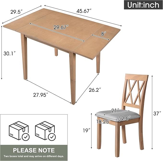 Merax Farmhouse Wood 3-Piece Multifunctional Dining Set, 45.6 inch Extendable Table with Drop Leaf, 2 Upholstered Chairs for Kitchen, Small Space, Natural