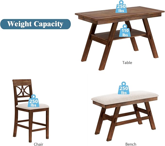 Merax 6 Piece Wood Counter Height Dining Table Set with Storage Shelf, Beige Cushion, Kitchen Table Set with Bench and 4 Chairs, Rustic Style, Walnut