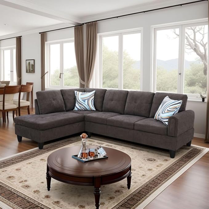 Dark Brown L-Shaped 3-Piece Flannel Sofa with Storage Ottoman Set, Sectional Couch Sofa Set for Living Room, Office, Small Space