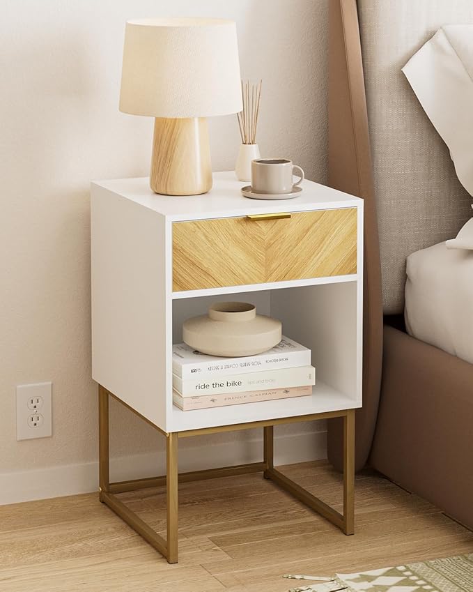 Nightstand,Modern Night Stand Boho Farmhouse Wood Bedside Table with Storage Drawer and Open Shelf,Side End Table for Bedroom,Living Room,White