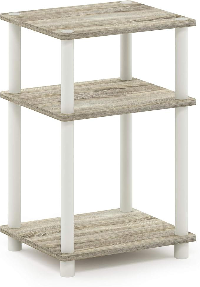 Furinno Just 3-Tier Turn-N-Tube End Table / Side Table / Night Stand / Bedside Table with Plastic Poles, 1-Pack, Sonoma Oak/White