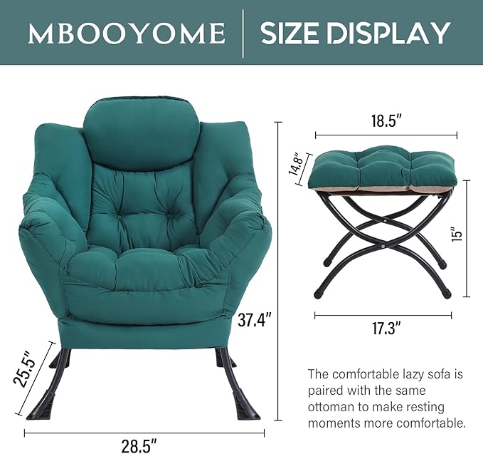 Lazy Chair with Folding Ottoman, Modern Accent Lounge Armchair with Armrests and a Side Pocket & Foldable Footstool, Leisure Reading Chair for Living Room, Bedroom, Dorm & Office, Dark Green