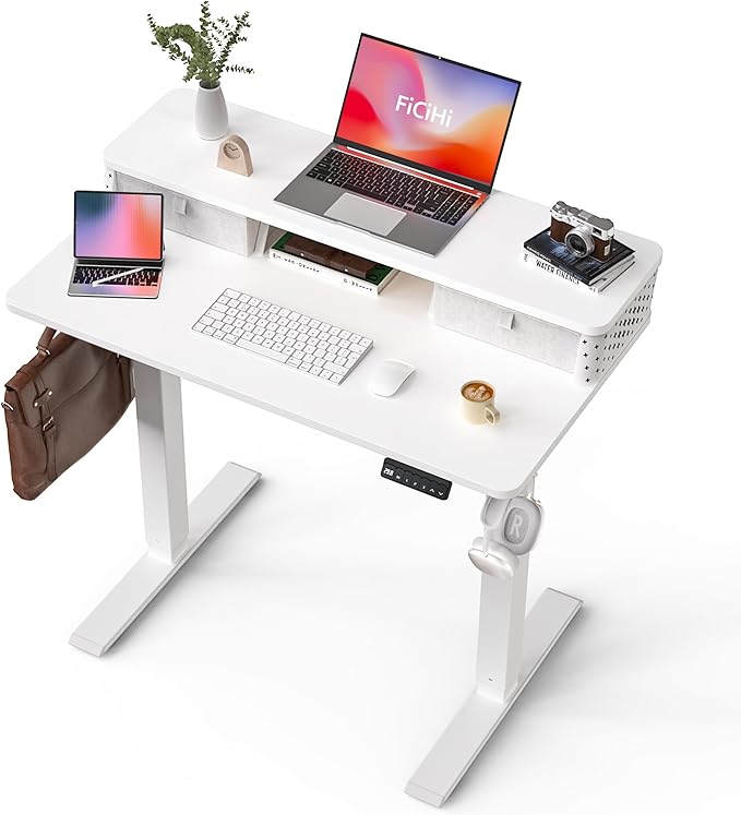 35x20 Inch Standing Desk with Double Drawers, C-Clamp Mount Compatible, Electric Adjustable Height Computer Stand Up Desks, Home Office Sit Stand Table with 3 Preset Heights & 2 Hooks, White