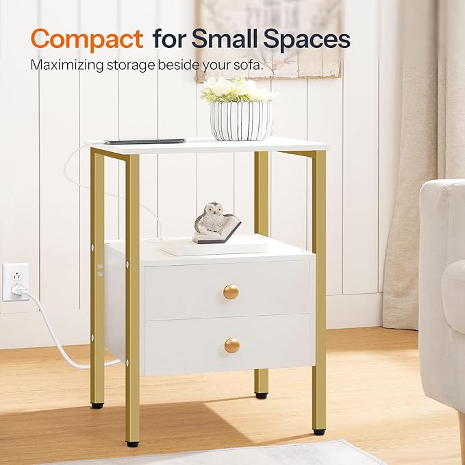 HOOBRO End Table with Charging Station, Bedside Table with 2 Drawer & USB Port & Type-C Port, Nightstand for Small Spaces, Stable and Sturdy, for Living Room, White and Gold DW43UBZ01