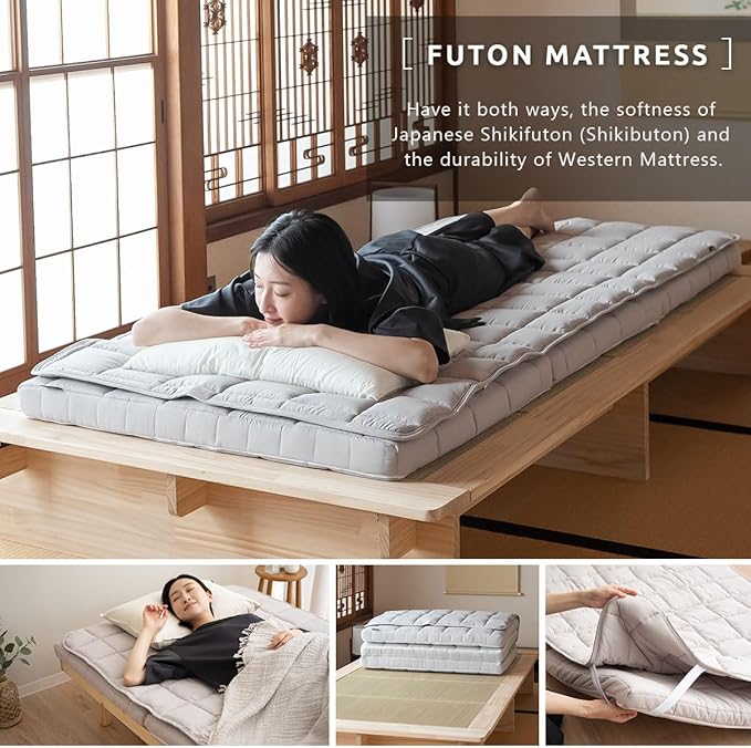 EMOOR Japanese Tri-fold Futon Mattress Machi with Mattress Pad Small-Twin Gray, Gusset Foldable Storable Washable Floor Sleeping Guest Bed Tatami Mat