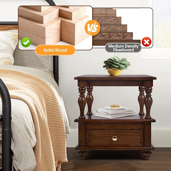 Traditional Square End Table with 1 Drawer and 2 Hidden Compartments for Living Room, 2-Tier Couch Side Table with Storage Shelves for Small Spaces, Solid Wood Nightstand for Bedroom, Walnut
