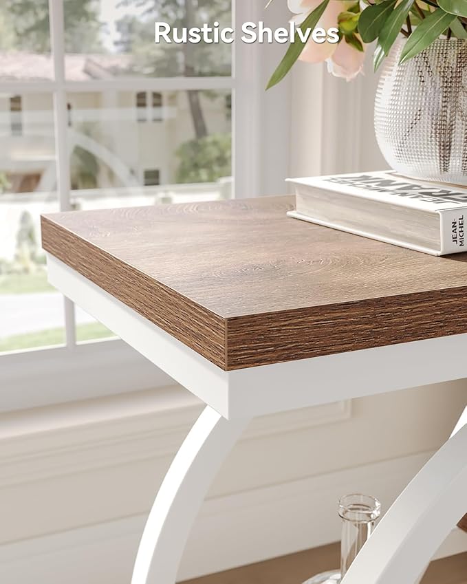 LITTLE TREE End Table, Narrow Side Table with 4-Tier Large Storage Space, Modern Bedside Table for Living Room, Home Office, Bedroom, Brown and White
