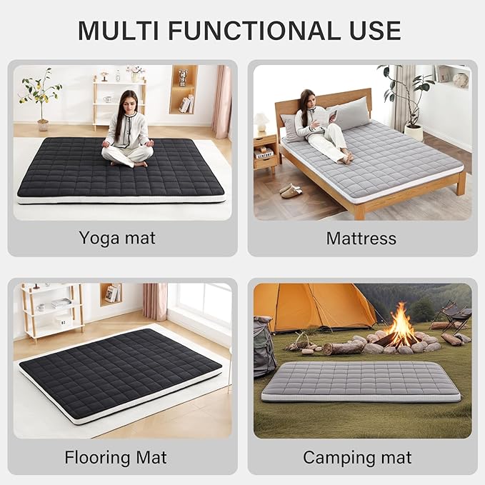 Welnow Japanese Futon Floor Mattress, Twin Size Thick Tatami Mat Portable & Foldable Roll Up Floor Bed Mattress with Storage Bag, Sleeping Pad for Adults, Dorm, Guest Bed, Camping and Travel, Black
