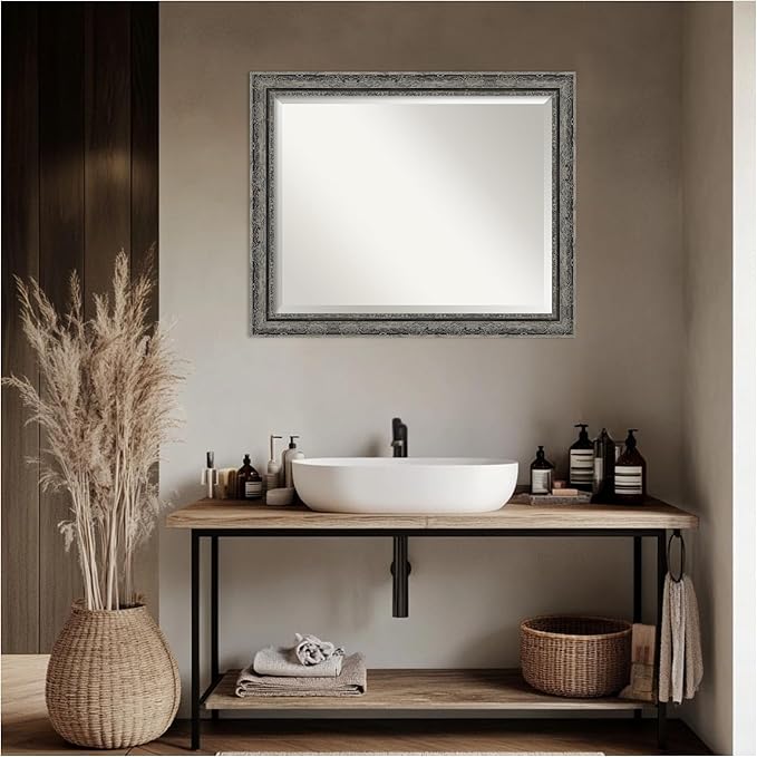 Amanti Art Bathroom Mirror for Over Sink, 27x33 Filigree Matte Black Rectangle Vanity Mirror, Large Traditional Frame, Hangs Horizonally and Vertically, Bathroom Wall Decor, Beveled Edge