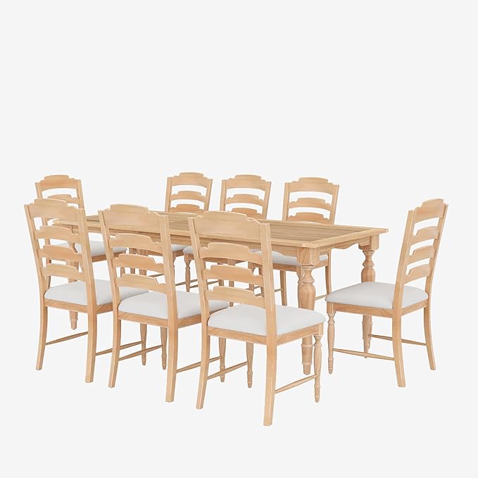 Ball & Cast 9-Piece 82.7inch Extendable Dining Table Set with 23.6inch Removable Leaf and 8 Upholstered Dining Chairs,Vintage Traditional Wood Kitchen Sets for 8,Family Gatherings,Natural